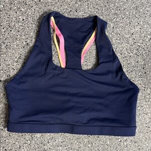 Stylish Navy Sports Bra with Pink and Yellow Straps
